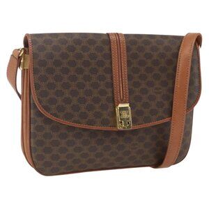 Authentic CELINE Macadam Canvas Shoulder Bag PVC Leather Brown Gold